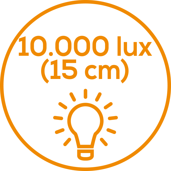 Light intensity of 10,000 lux Light intensity of 10,000 lux. Simulation of sunlight: Light intensity approx. 10,000 lux (distance of 15 cm)
